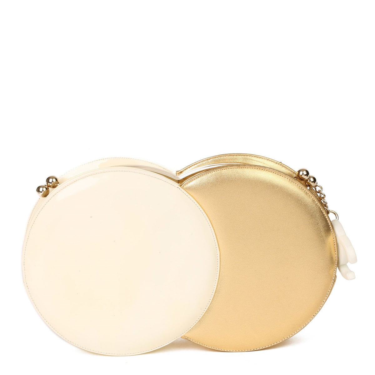 Chanel Gold Lambskin & Beige Patent Leather Double Circle Clutch Bag
