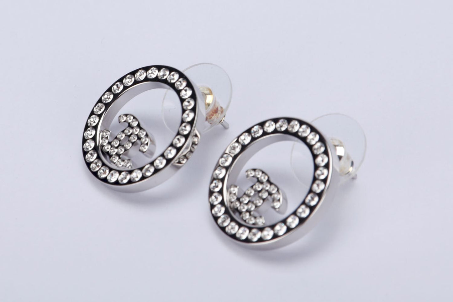 Chanel Earrings Metal & Diamantes Silver & Crystal, with Box