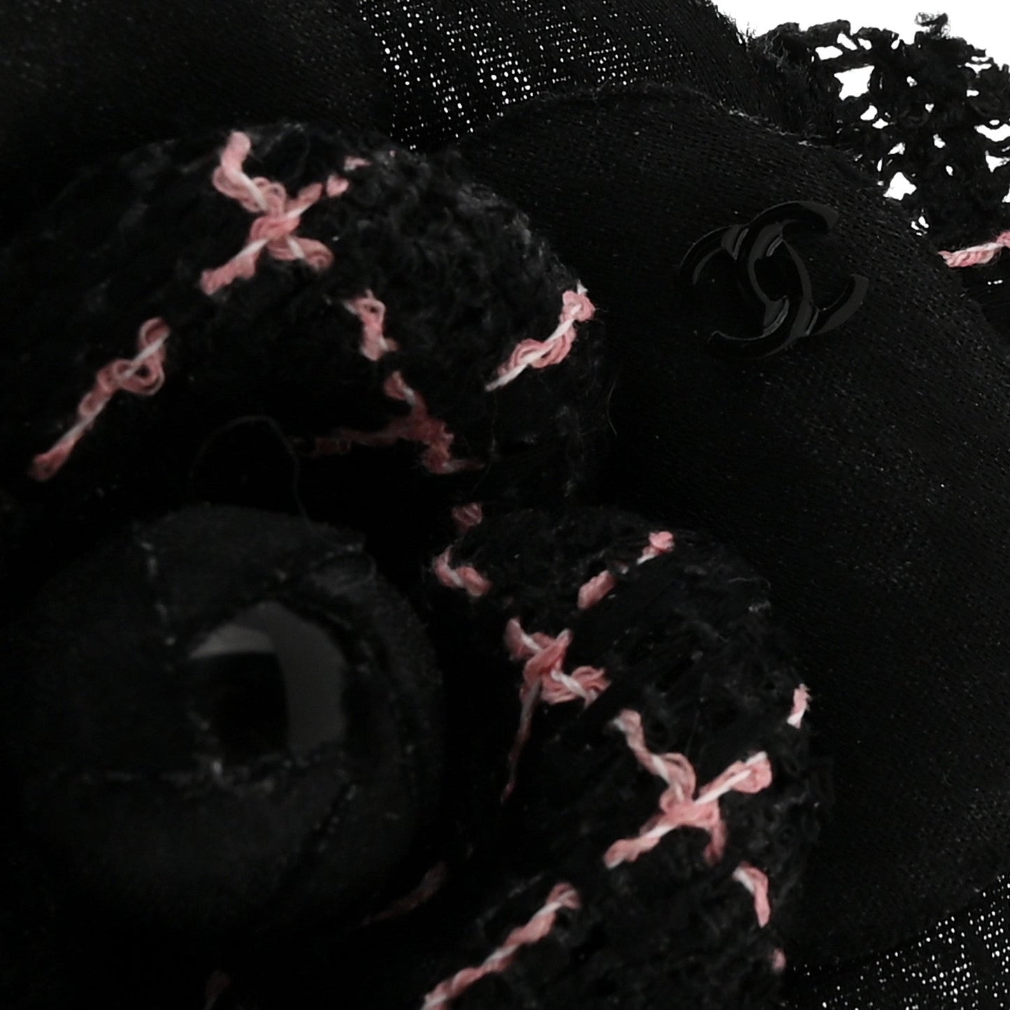 Tweed Camellia Pin Brooch Black Pink