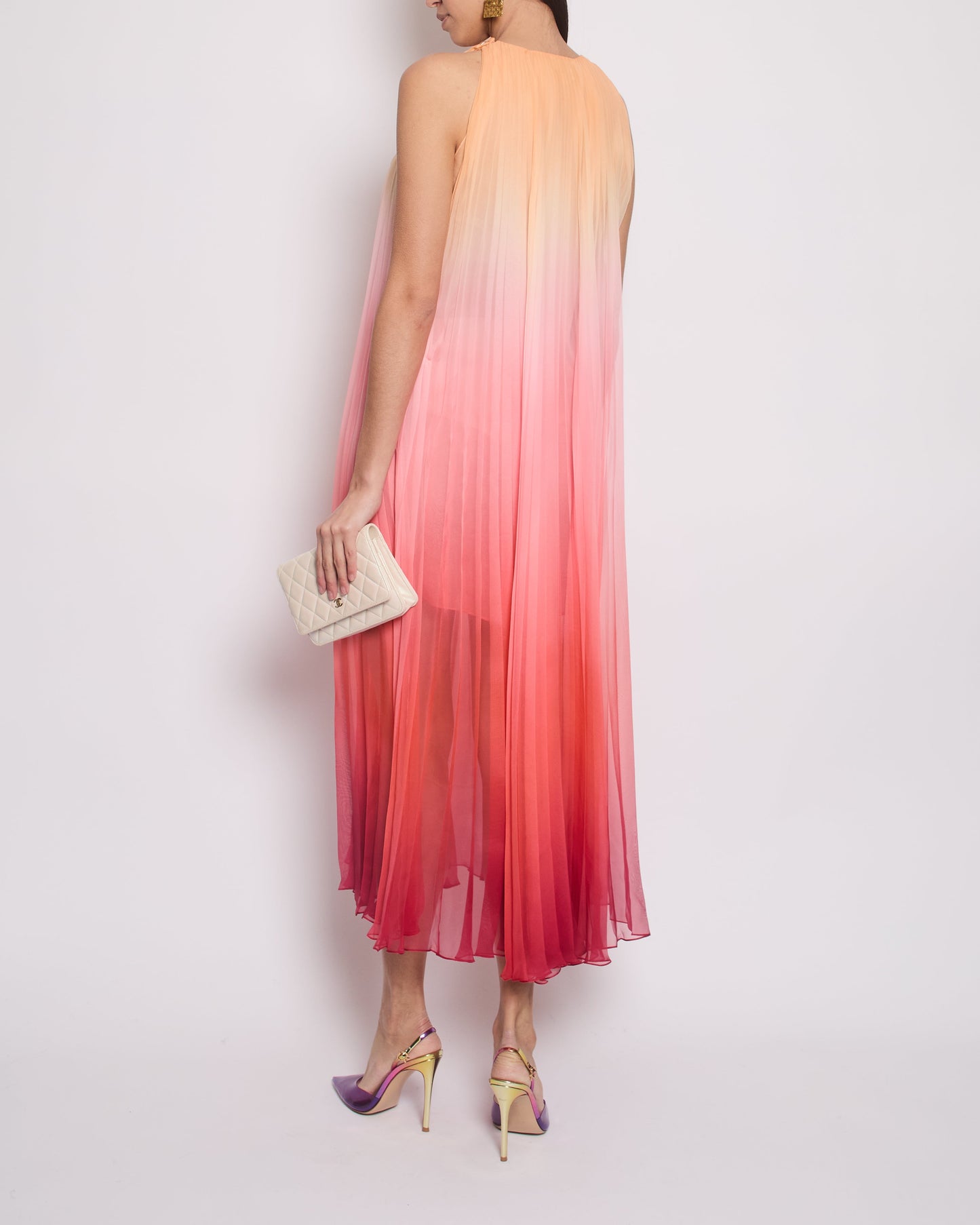 Chanel 20A Ombre Pink, Peach and Orange Silk Pleated Sleeveless Midi Dress Size FR 34 (UK 6) RRP £5,500