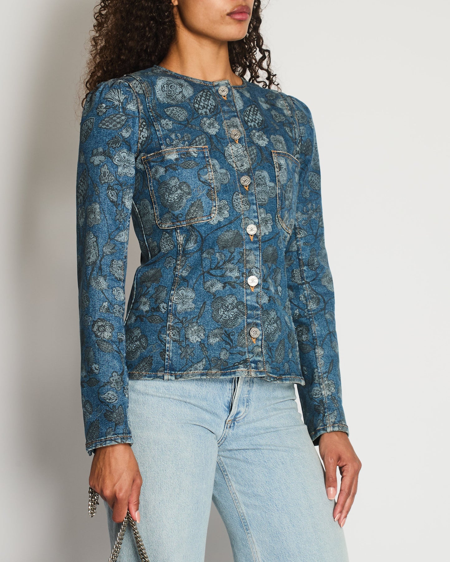 Chanel 21/A Flower Printed Denim Jacket with Silver CC Button Details Size FR 38 (UK 10)