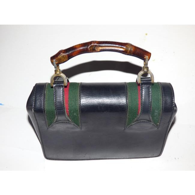 Gucci Black Leather Lunch-box Satchel w Bamboo Handle & Red & Green Stripes