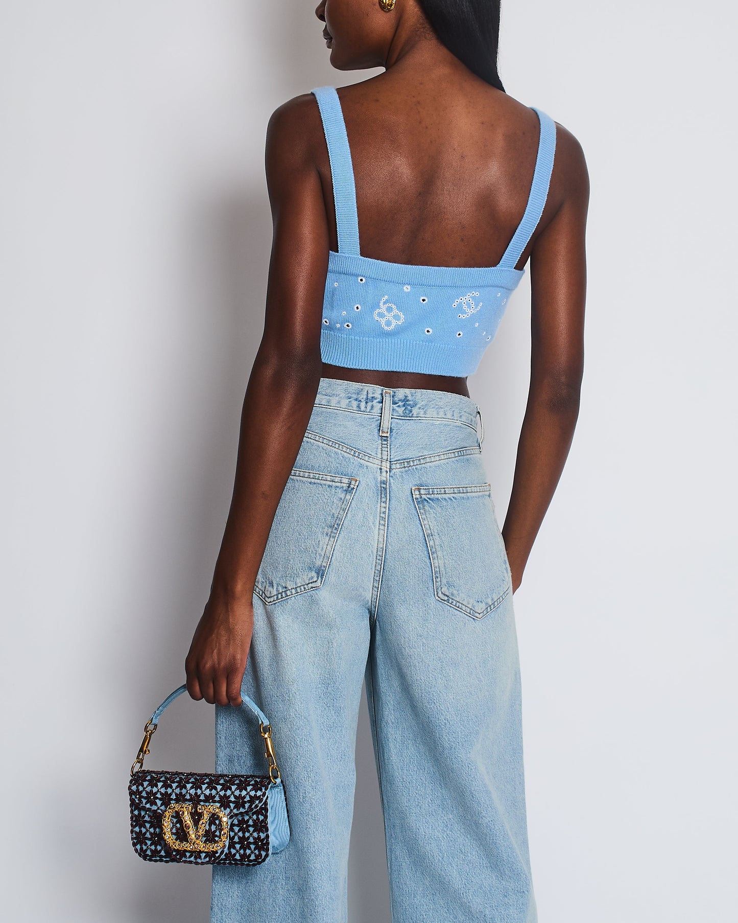 Chanel S/S 2023 Sky Blue Knitted Cropped Top with CC Logo & Shamrock Embroidery Details Size FR 38 (UK 10)