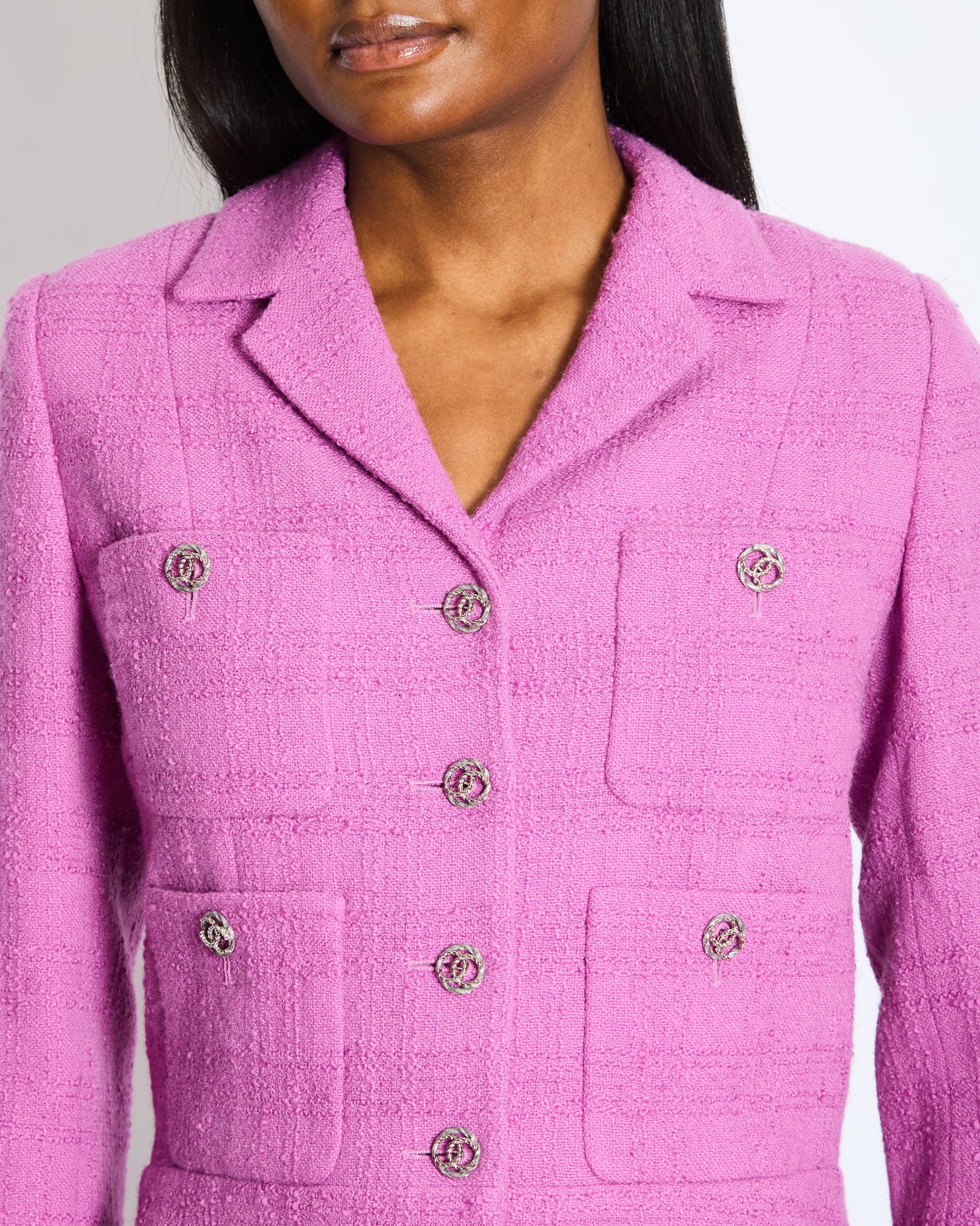 Chanel FW/23 Purple Wool Tweed Jacket with Silver CC Logo Buttons Size FR 36 (UK 8)