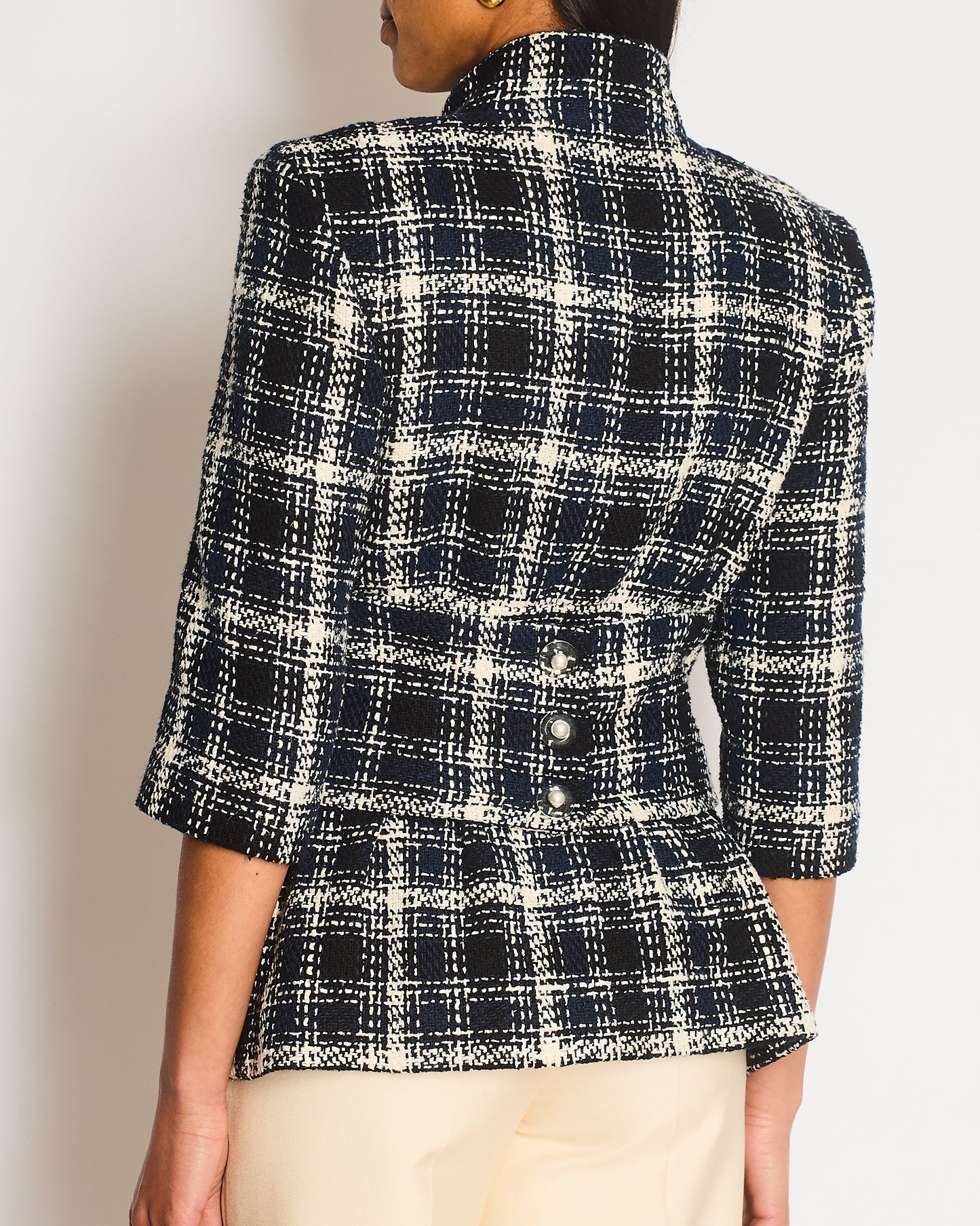 Chanel Navy, White and Black Check Tweed Cropped Jacket with Cropped Sleeves and Clear Pearl Logo Buttons Size FR 36 (UK 8)