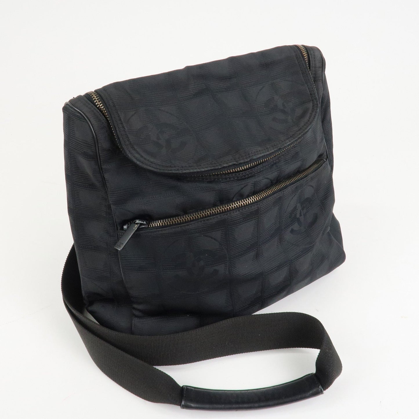 CHANEL New Travel Line Nylon Jacquard Leather 2Way Back Pack Black