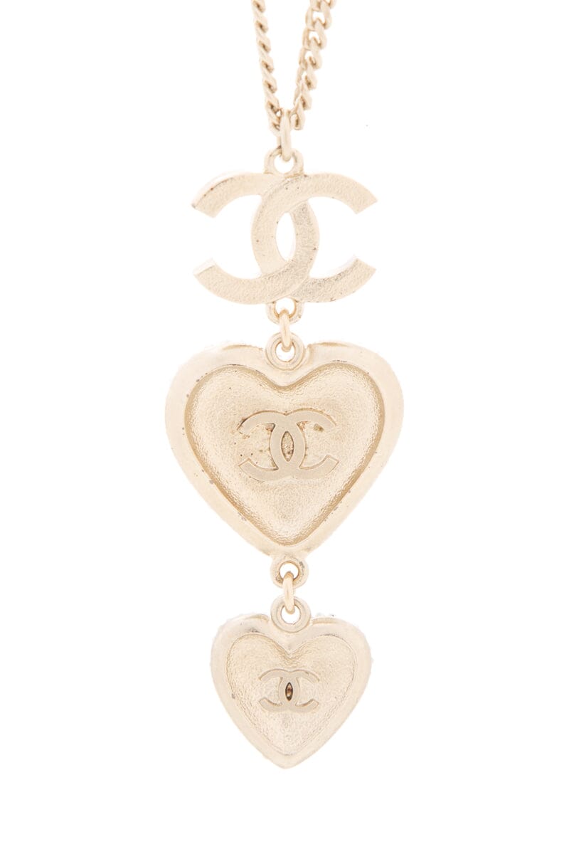 Chanel 2022 Crystal Heart Pendant Long Gold Necklace