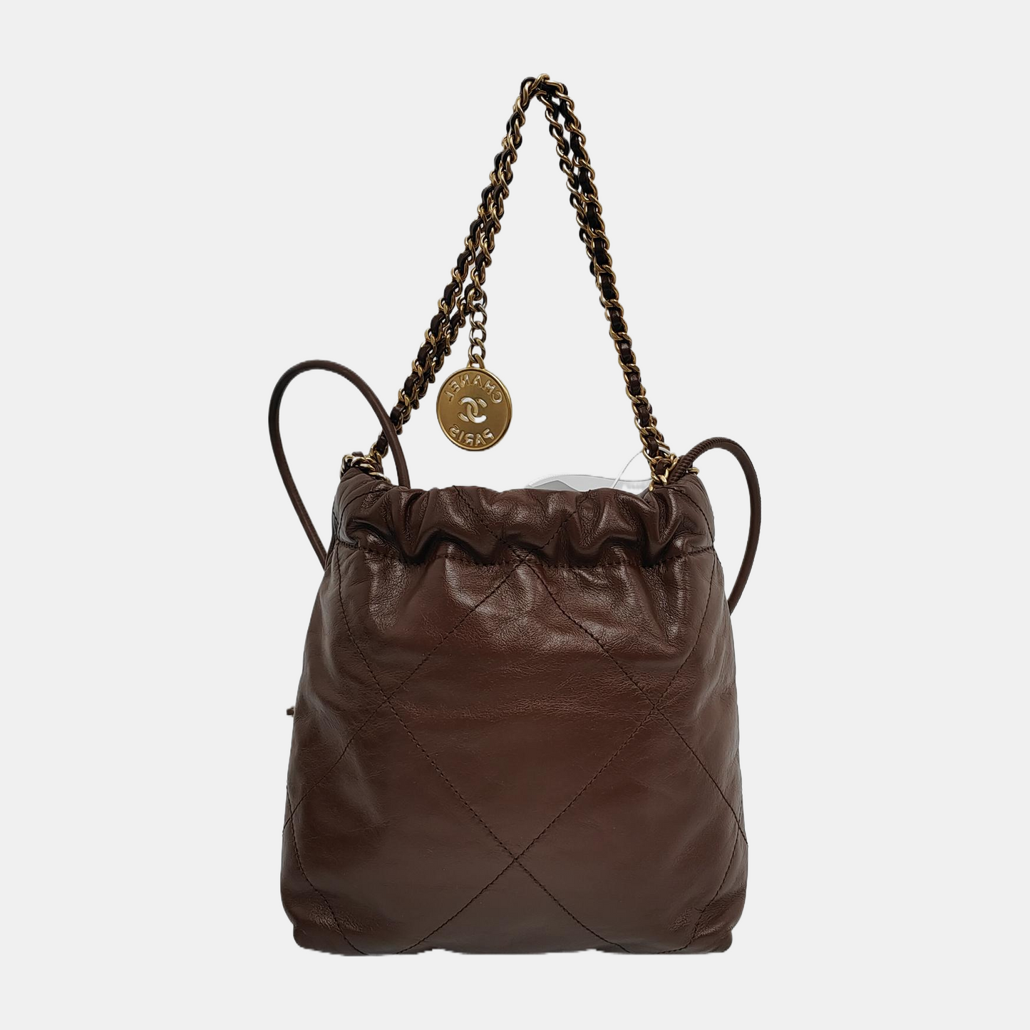 Chanel 22 Hobo Bag Mini Shiny Calfskin Leather Dark Chocolate Brown with Gold-tone Hardware