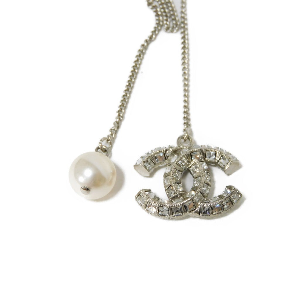 CHANEL Necklace Strass x Costume Pearl x Metal Clear xIvory CC mark Crystal COCO Mark Swing Pearl Women