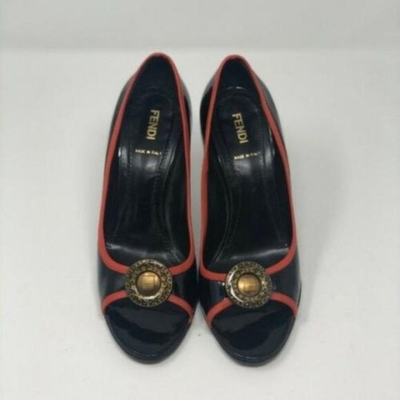 Fendi Black Red Gold Coin Accent Open Toe Heels