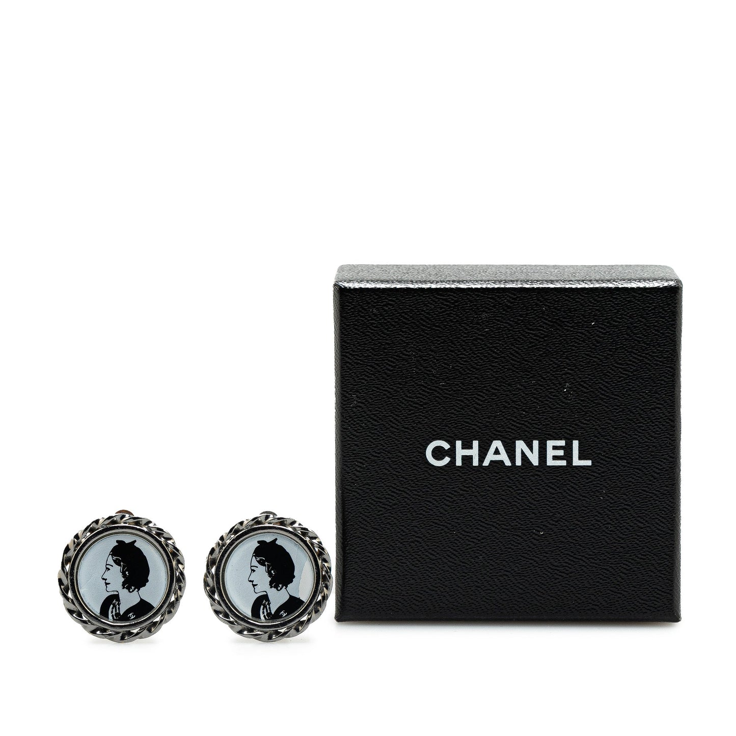 Silver Chanel Silver Plated Mademoiselle Coco Profile Clip on Earrings Costume Necklace
