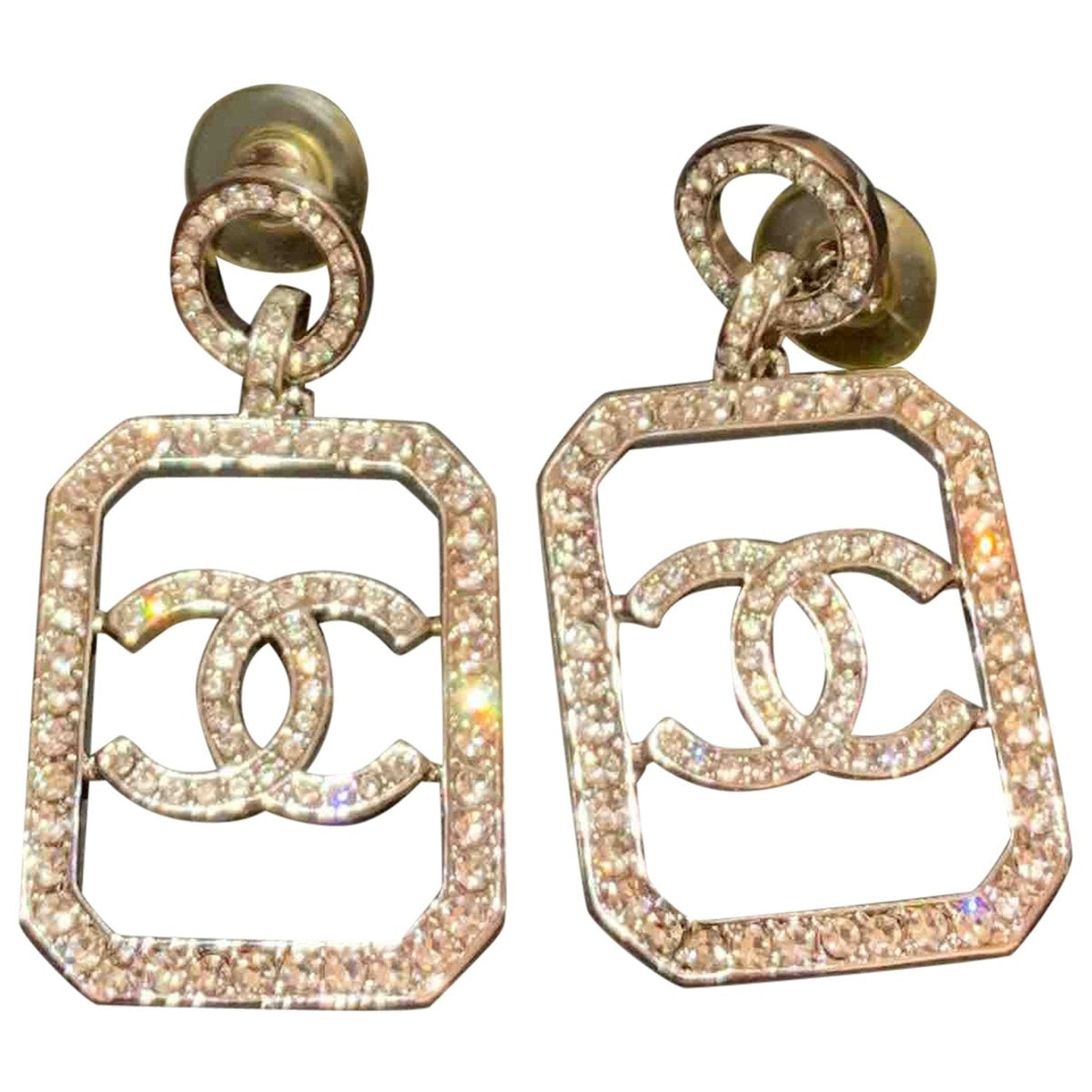 Chanel cc silver crystal earrings