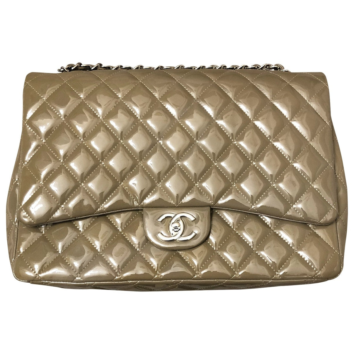Chanel timeless/classique khaki patent leather handbag