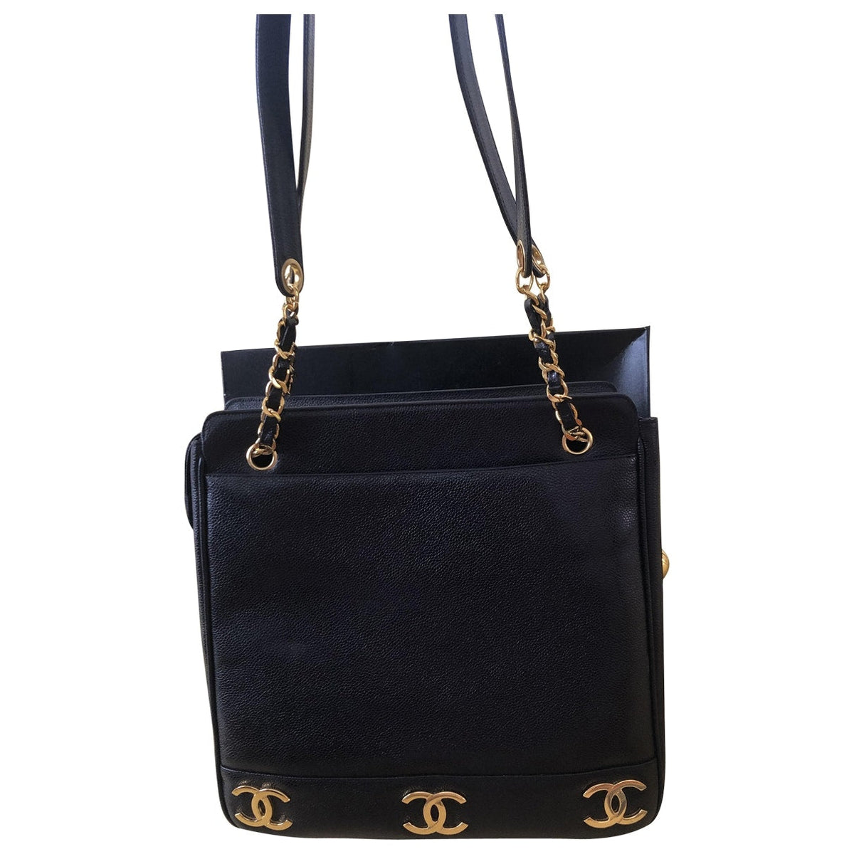 Chanel petite shopping tote black leather handbag
