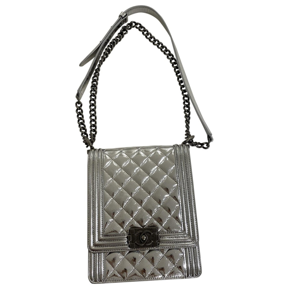 Chanel boy silver patent leather handbag