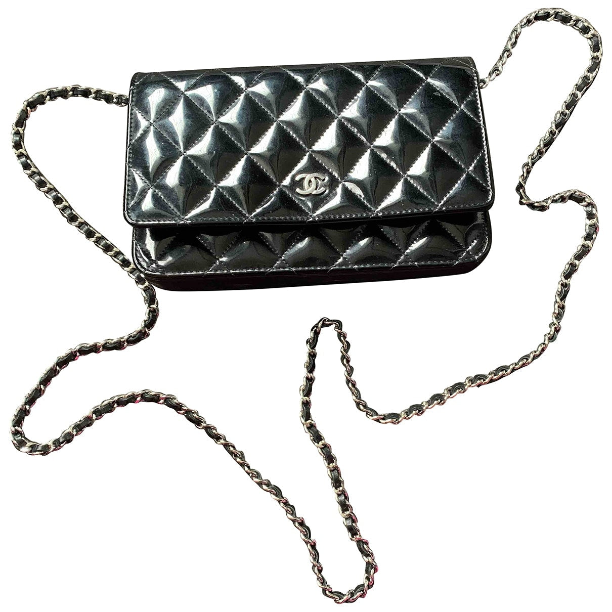 Chanel wallet on chain black patent leather handbag