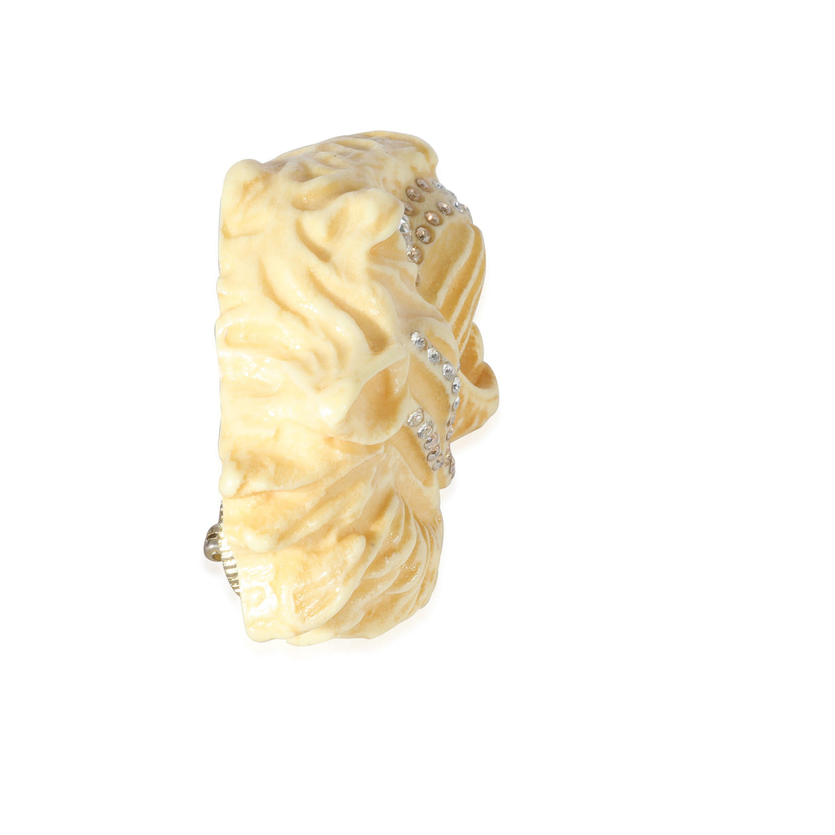 GUCCI Alessandro Michele Cream Resin & Crystal Tigers Head Brooch, 2 3/4 Wide"