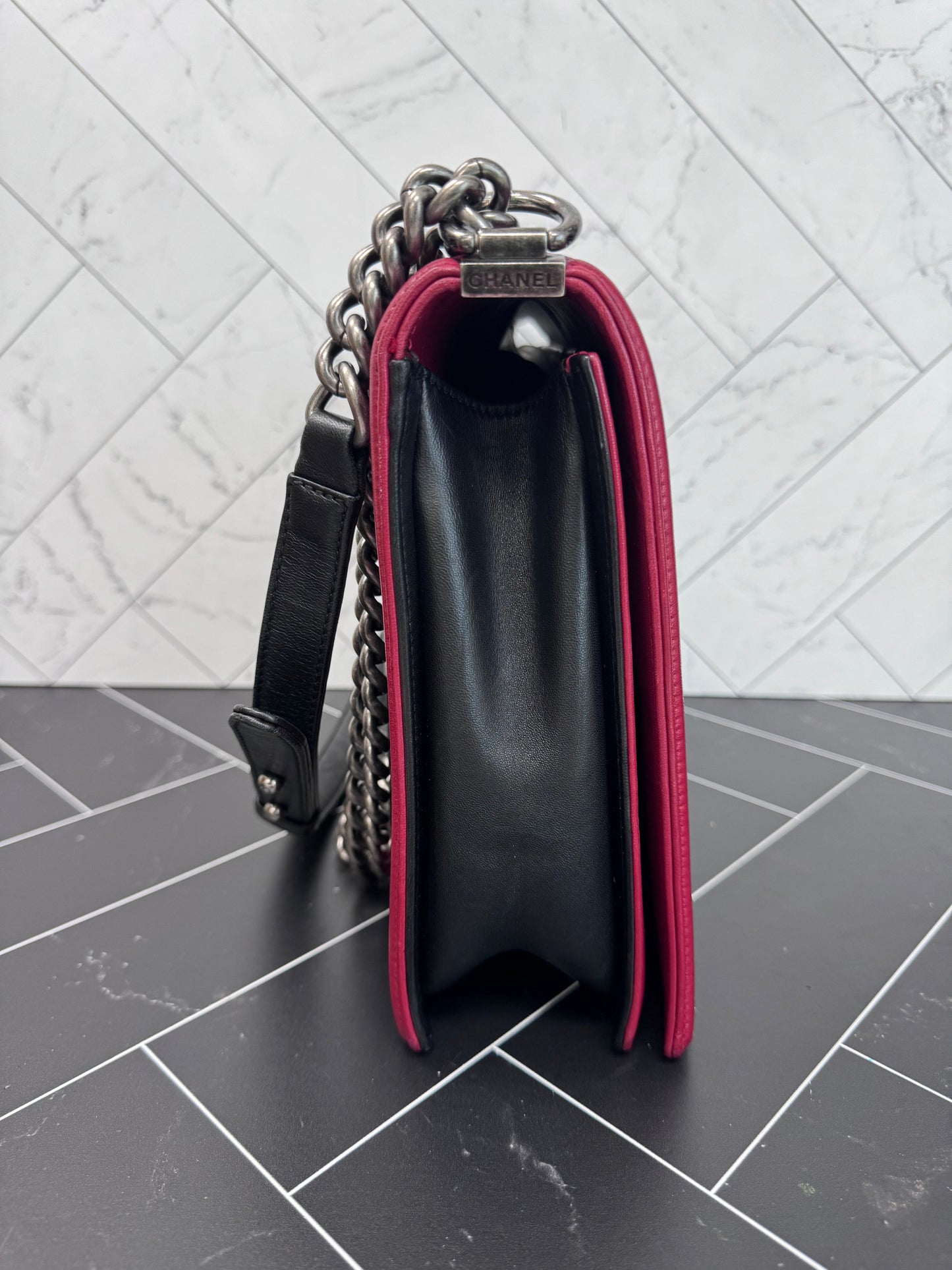 Chanel Large Lambskin Leather Black & Red Boy Bag