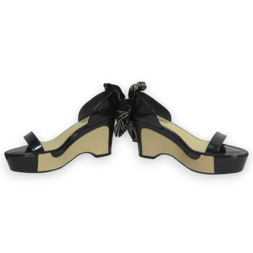 Chanel Patented Leather Platform Ribbon Ankle Strap Sandals