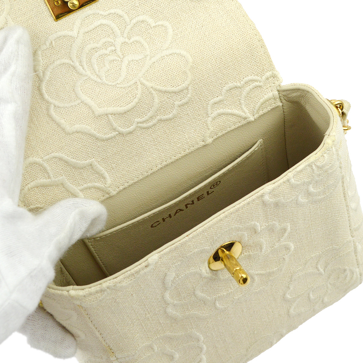 Chanel * White Canvas Camellia Straight Flap Handbag