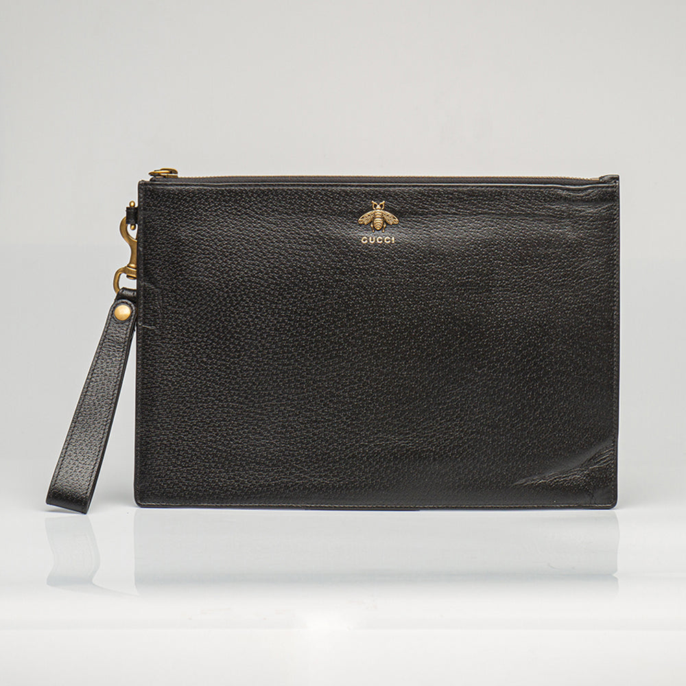 Gucci GG Black Leather Animalier Leather Pouch 523684 DJ20T 1000 31579283