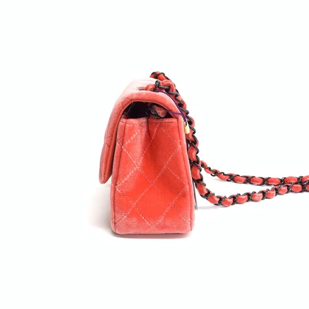 Chanel Classic Flap Mini Coral Pink Velvet Black Hardware, 2014-2015