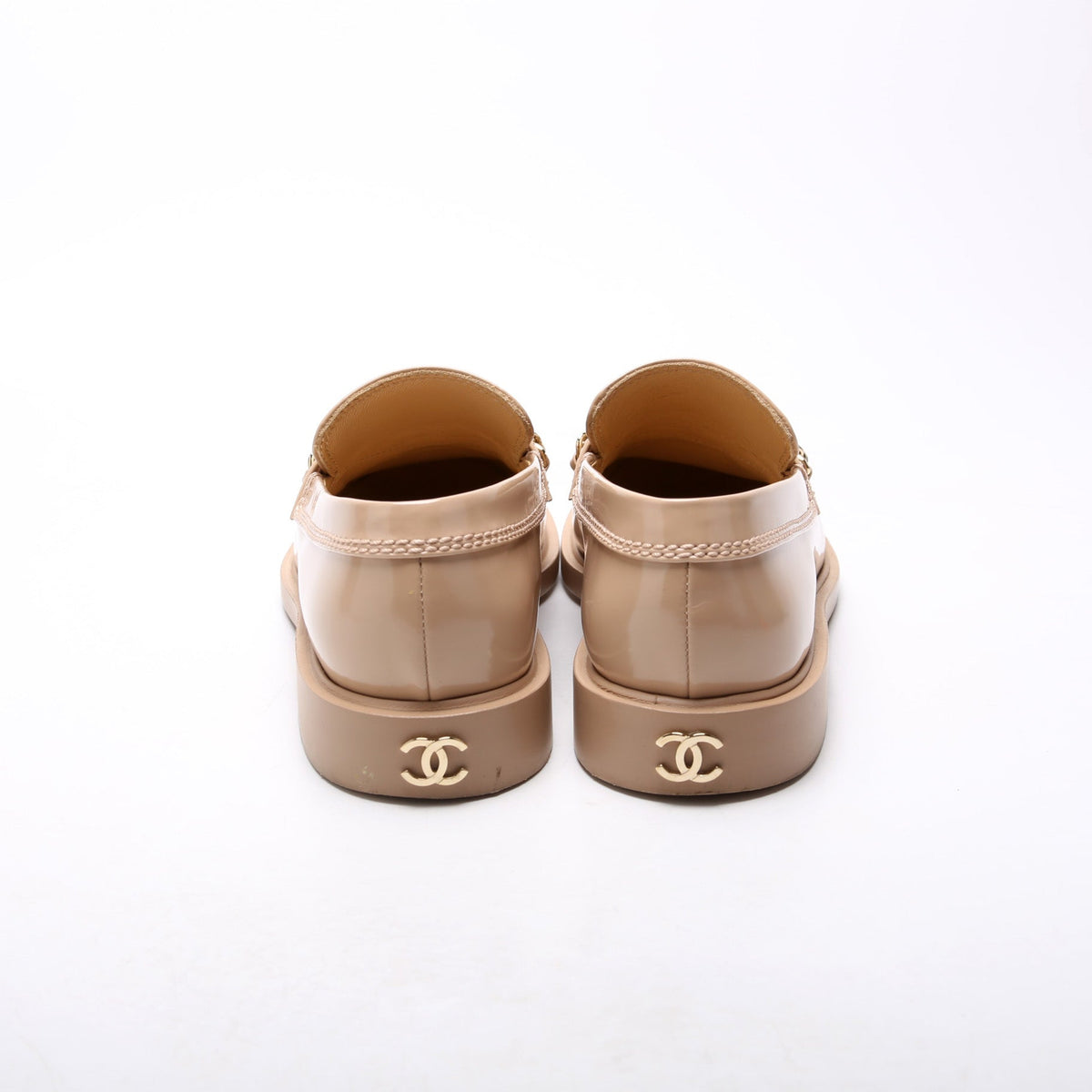 Chanel Chain Logo Shiny Calfskin Loafers Size 37 Nude