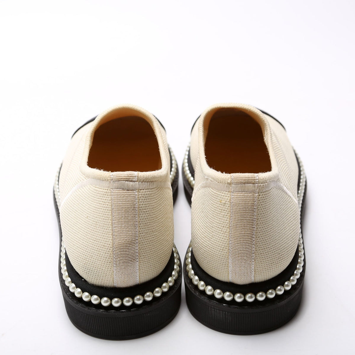 Chanel CC Cap Toe Pearl Slip-On Loafers Size 35.5 Beige/Black