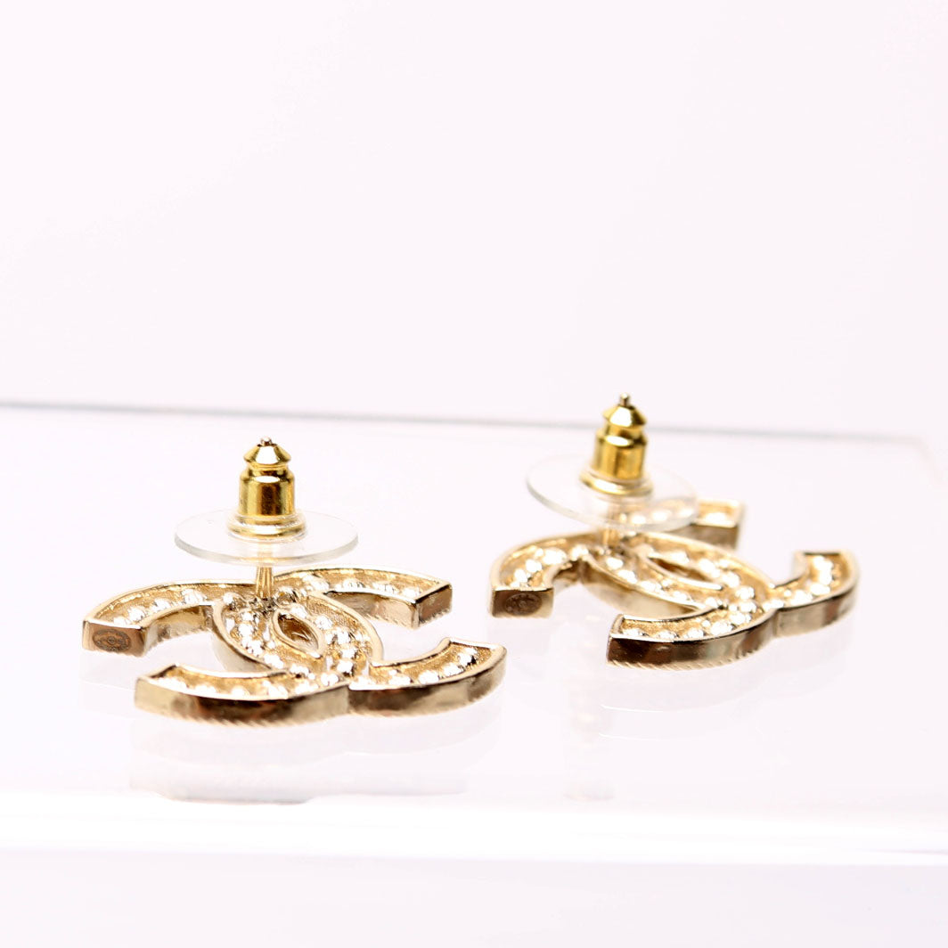 Chanel Crystal CC Stud Earrings Gold/Pearl