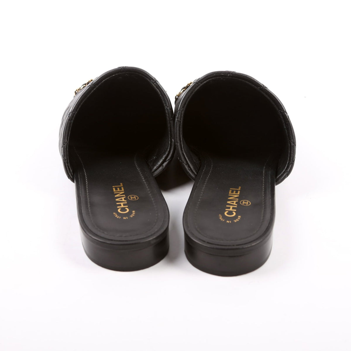 Chanel Cap Toe Quilted Chain Mules Size 39.5