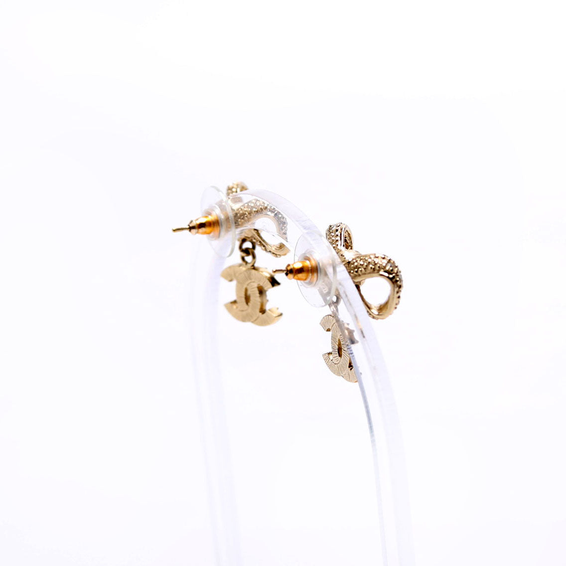 Chanel Crystal Bow CC Drop Earrings Gold