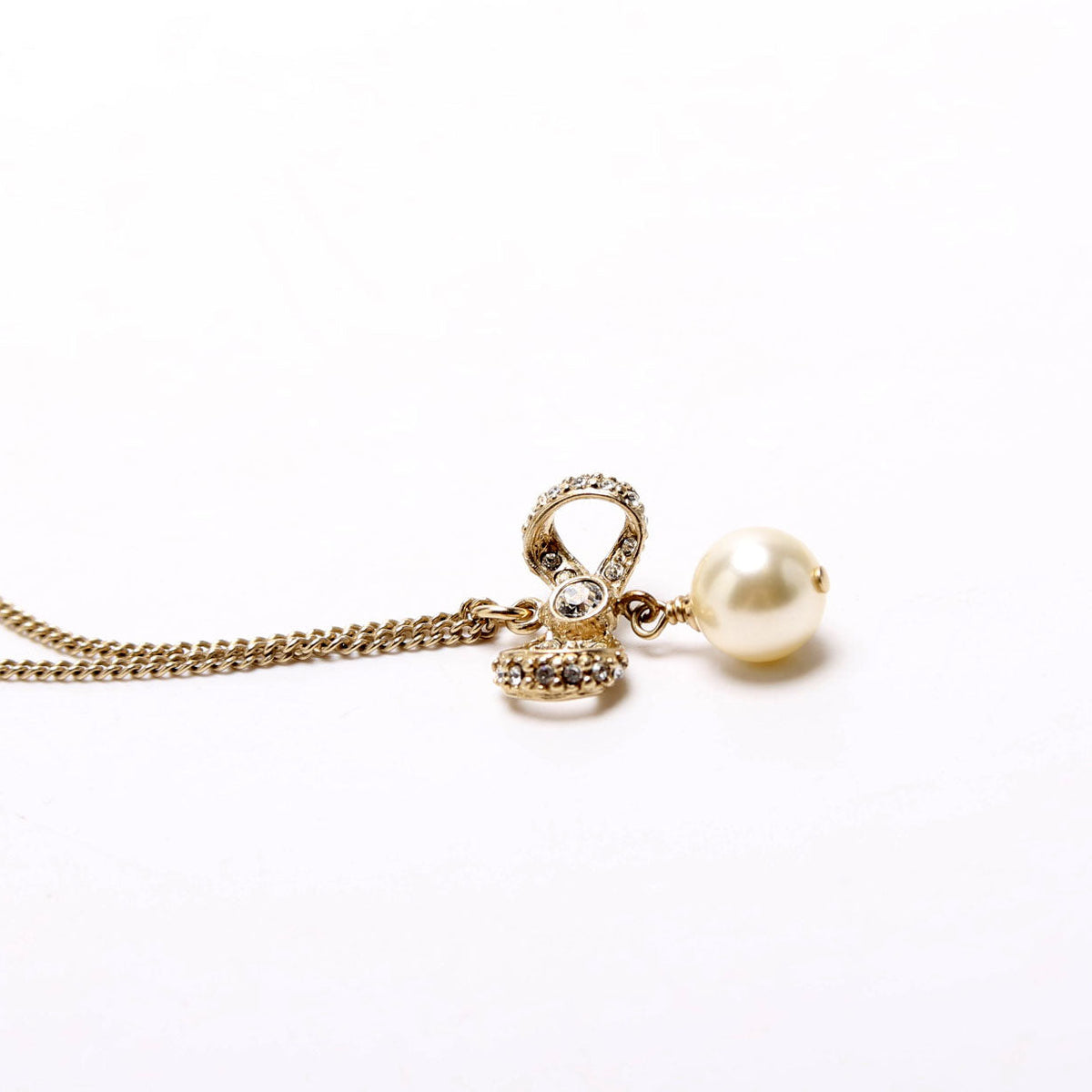 Chanel Crystal Bow CC Pearl Drop Necklace Gold