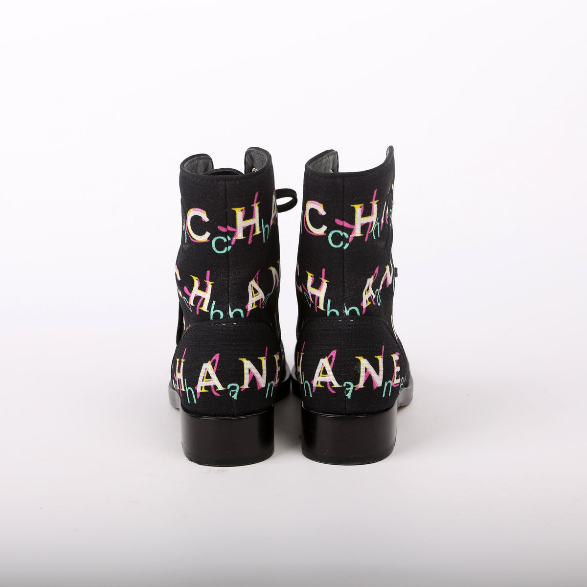 Chanel Tweed Logo Lace-Up Boots Size 37.5 Black/Multicolor