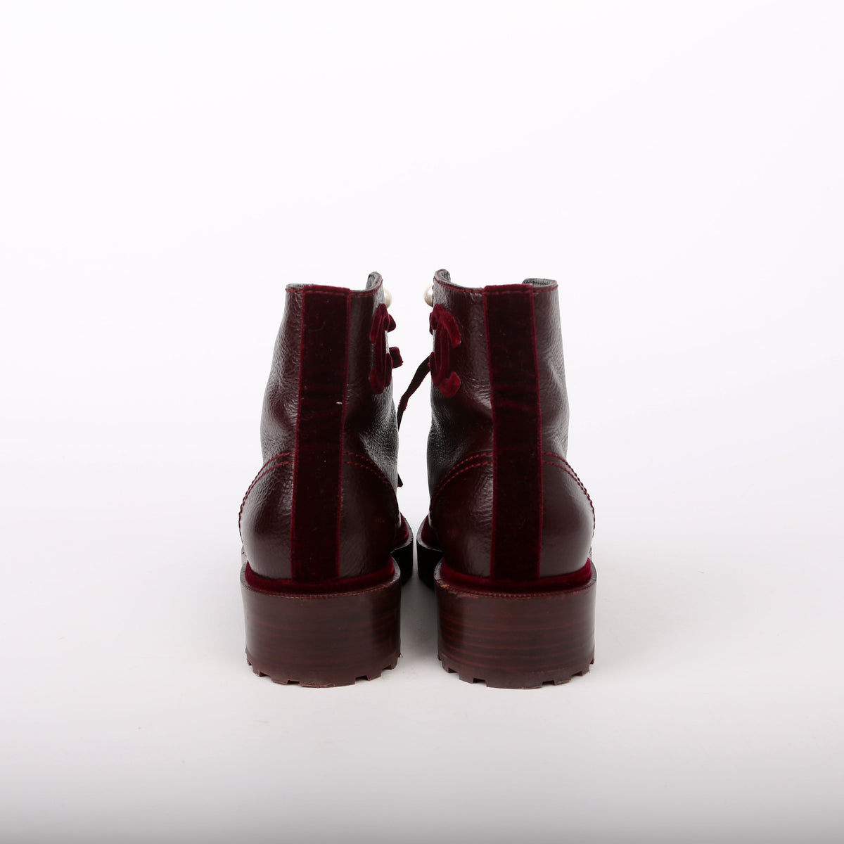Chanel CC Calfskin/Velvet Pearl Combat Boots Size 38 Burgundy