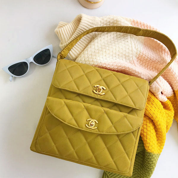 CHANEL Around 1997 Made Nylon Double Turn-Lock Shoulder Bag Mustard