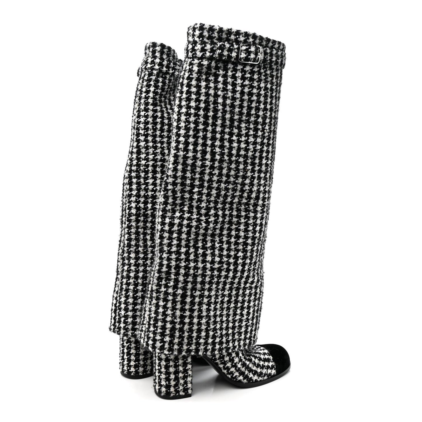 Tweed Sequin Velvet Cap Toe Fold Over High Boots 38.5 White Black