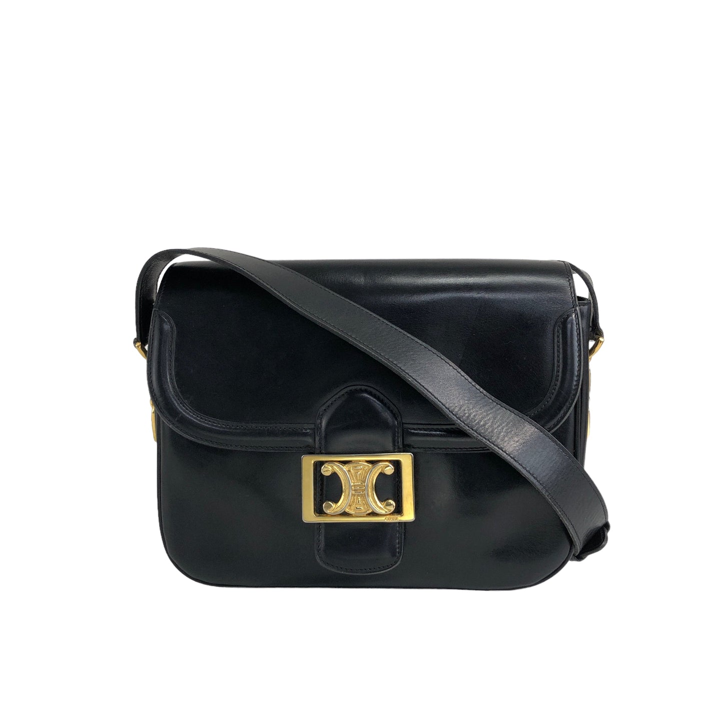 CELINE Triomphe Leather Shoulder bag Black Vintage t667pp