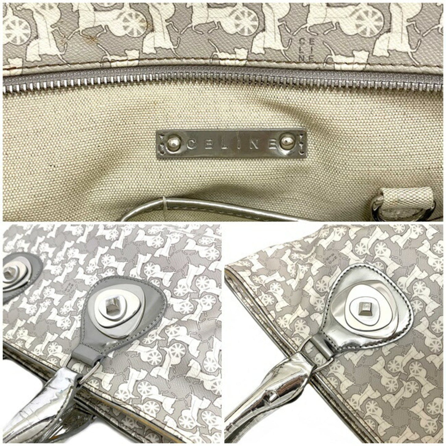 Celine Tote Bag Gray Silver White Salky PVC Leather Celine Carriage Horse Women's Metallic