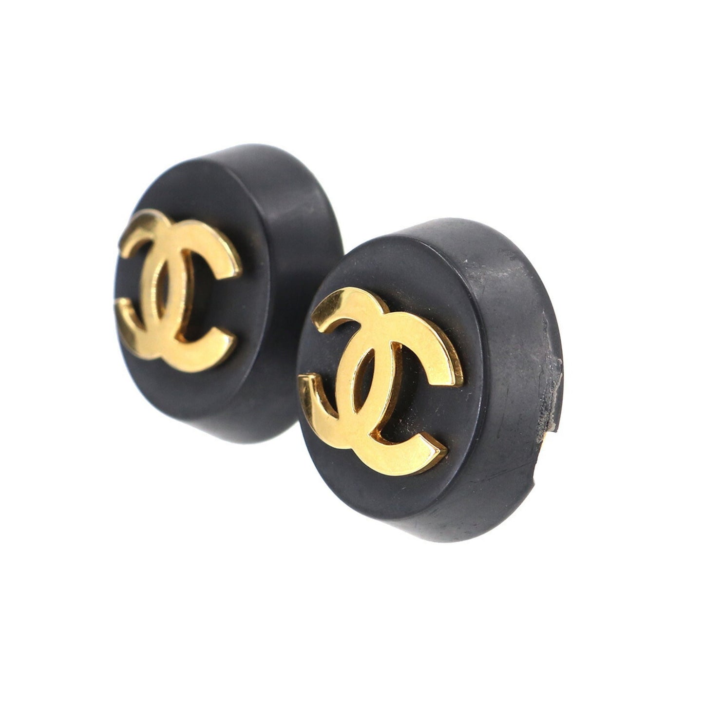 Chanel round here mark earrings black gold 26 vintage accessories Vintage Earring