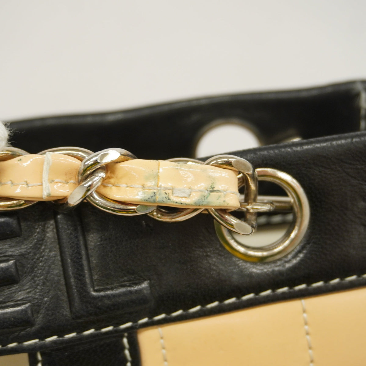 CHANEL Chocolate Bar Chain Shoulder Women's Patent Leather Beige,Black