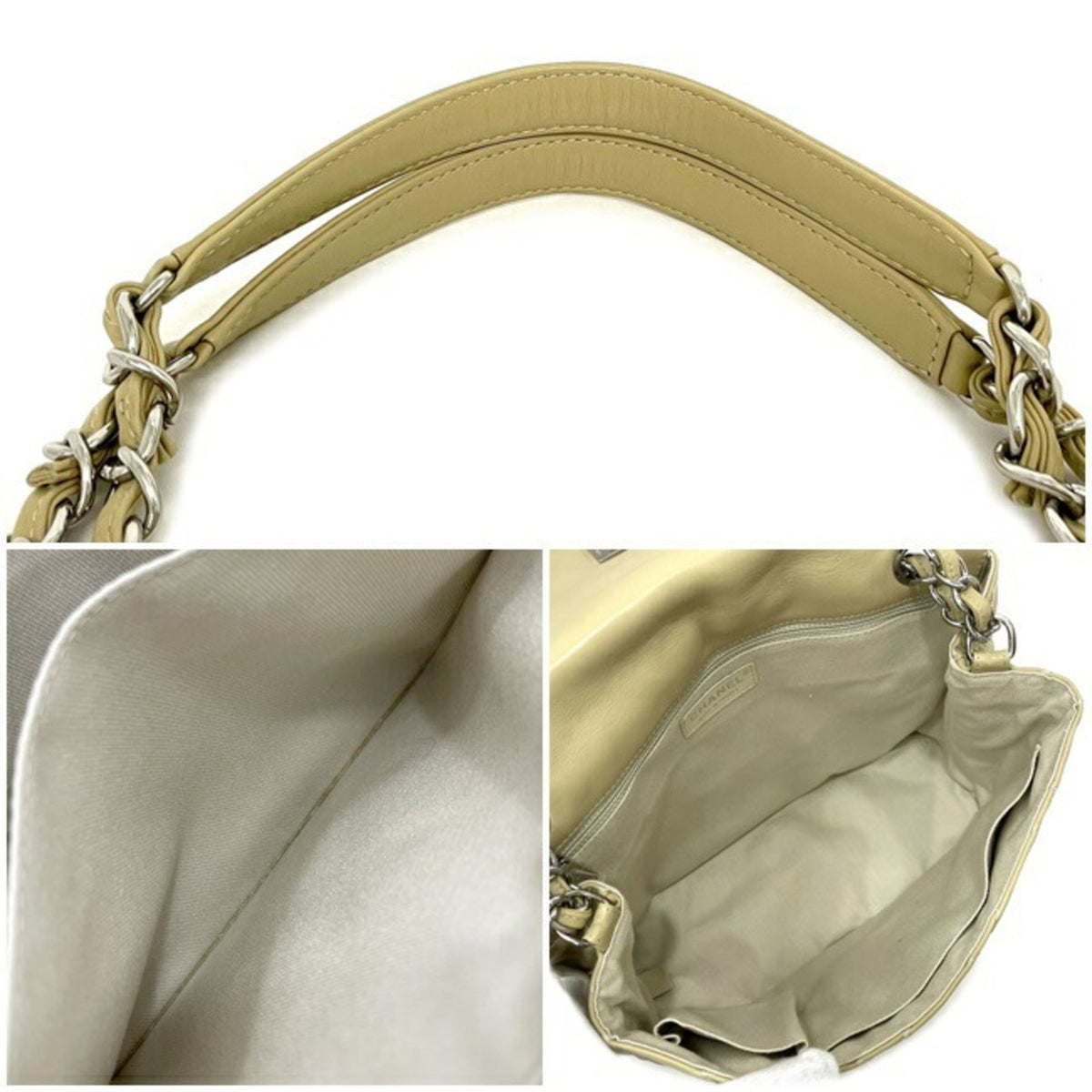 Chanel Chain Shoulder Bag Beige Silver Wild Stitch Lambskin Leather 17s CHANEL Coco Mark Matrasse Flap Turn Lock Ladies Genuine