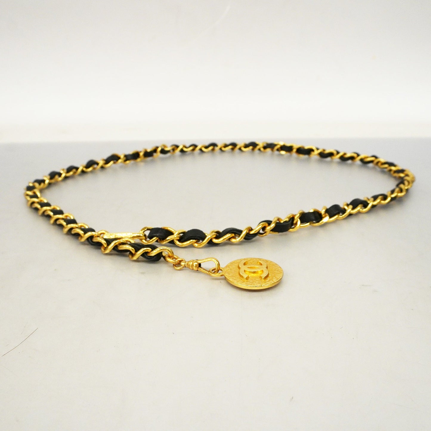 CHANEL Belt Gold Metal Women's Leather Chain Belt Black