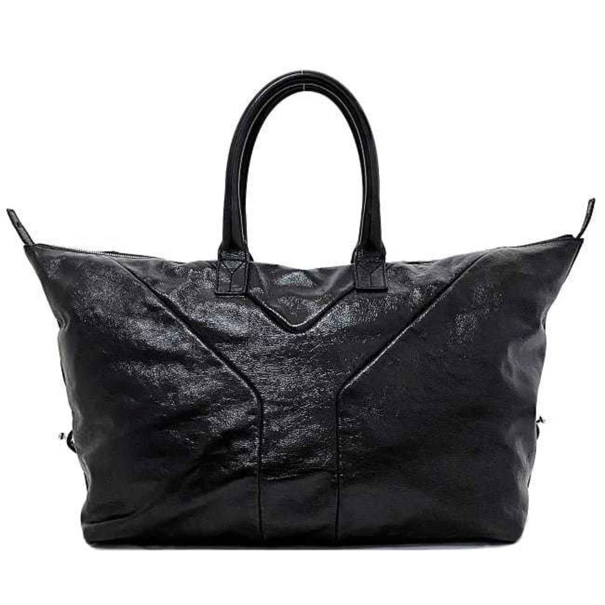 Yves Saint Laurent Easy Boston Bag Black Silver Tote Patent Leather YSL Embroidery Stitch Y
