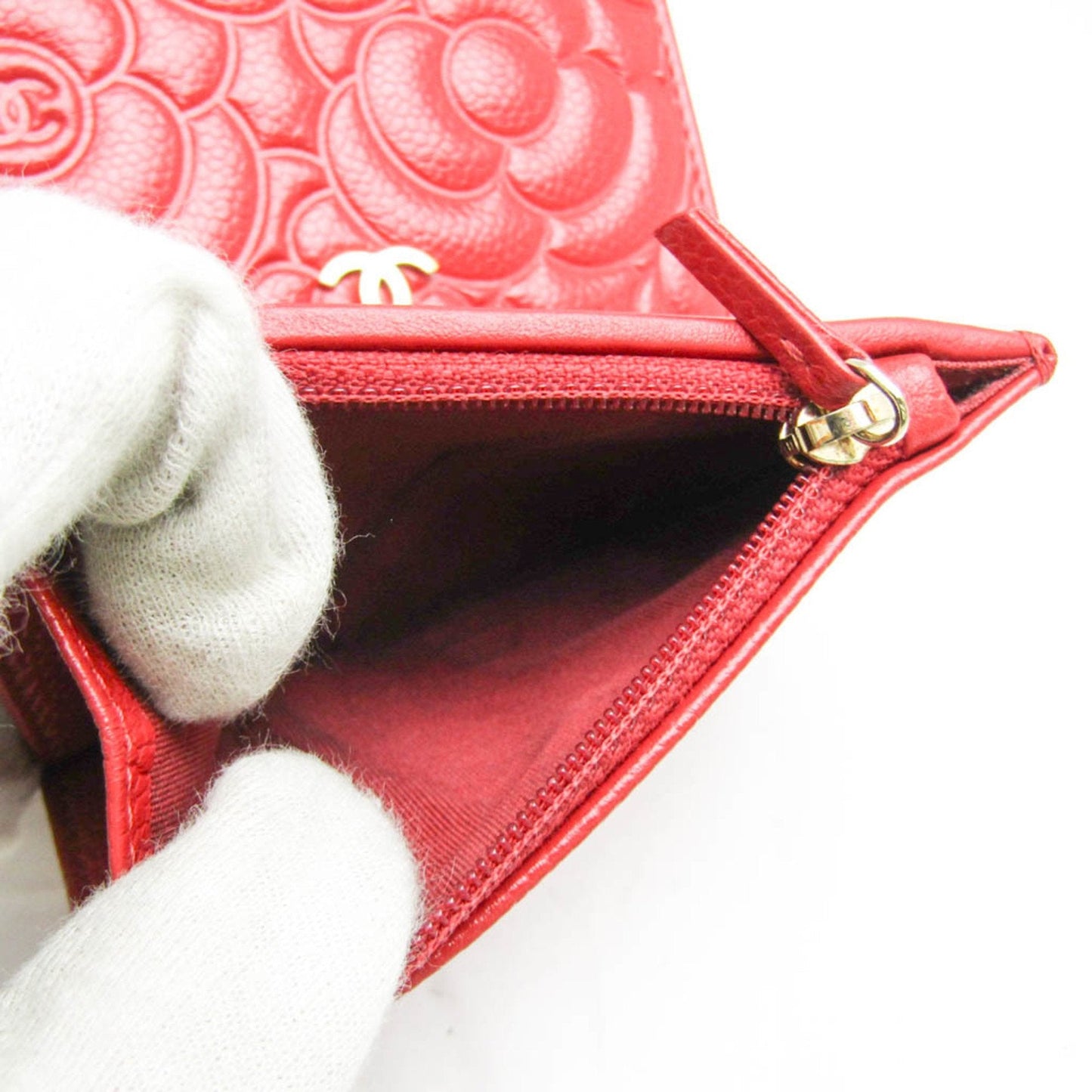 Chanel Camellia AP0710 Women's Calfskin Wallet (tri-fold) Red Color