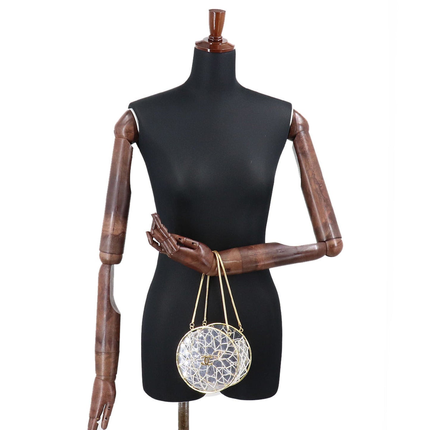Chanel beads hand bag clear white gold metal fittings here mark