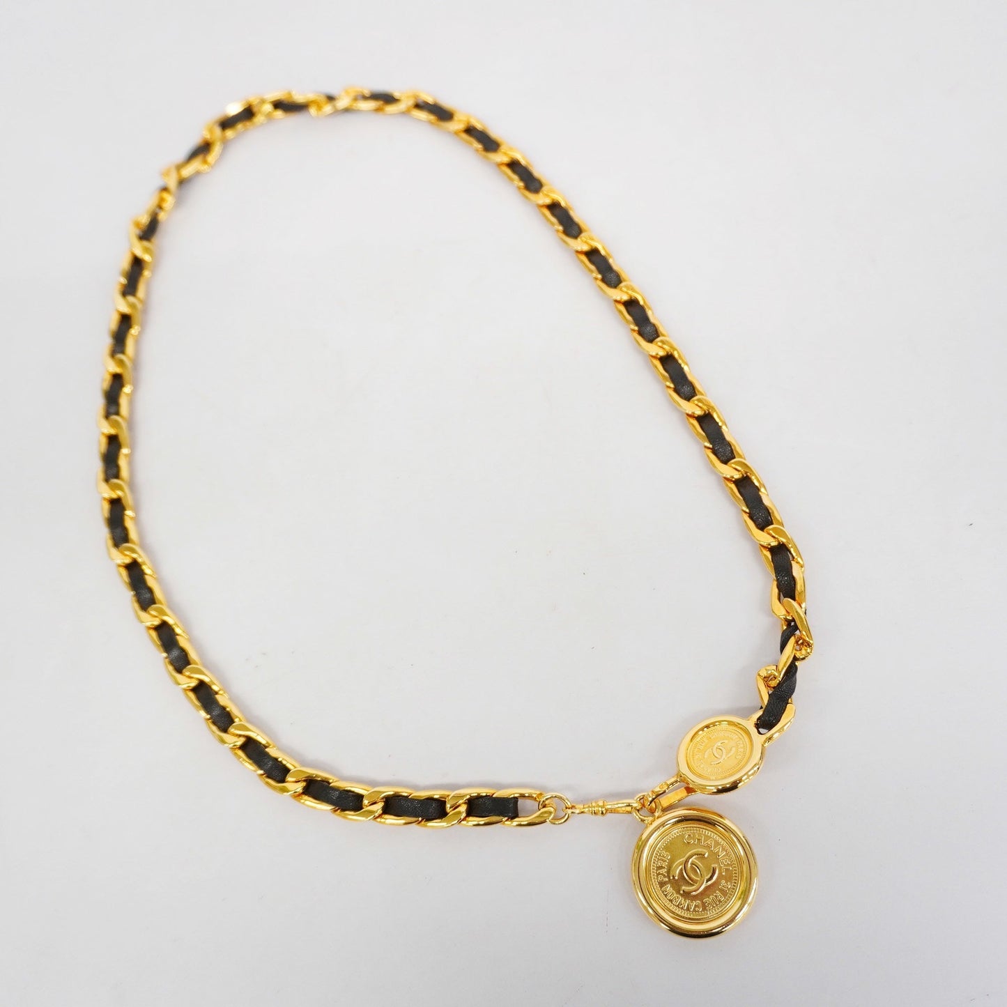 CHANEL Belt Gold Metal Women's Leather Chain Belt Black