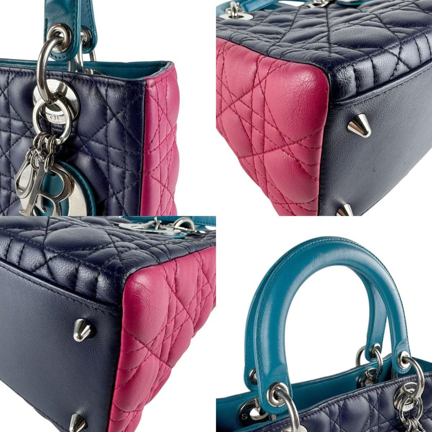Christian Dior Lady Dior Navy Pink Leather Handbag Shoulder Bag ()