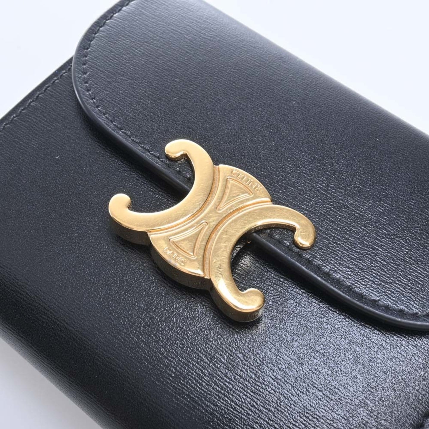 Celine Leather Triomphe Trifold Wallet Black Ladies
