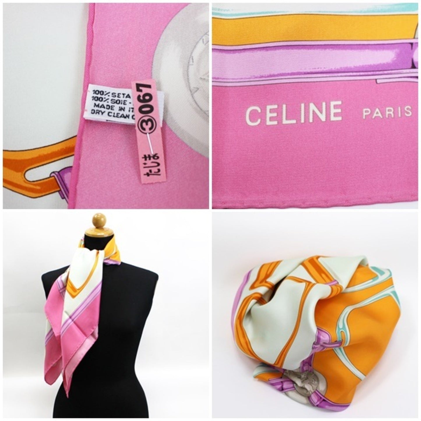 Celine scarf muffler pink x multicolor harness pattern ladies horsebit