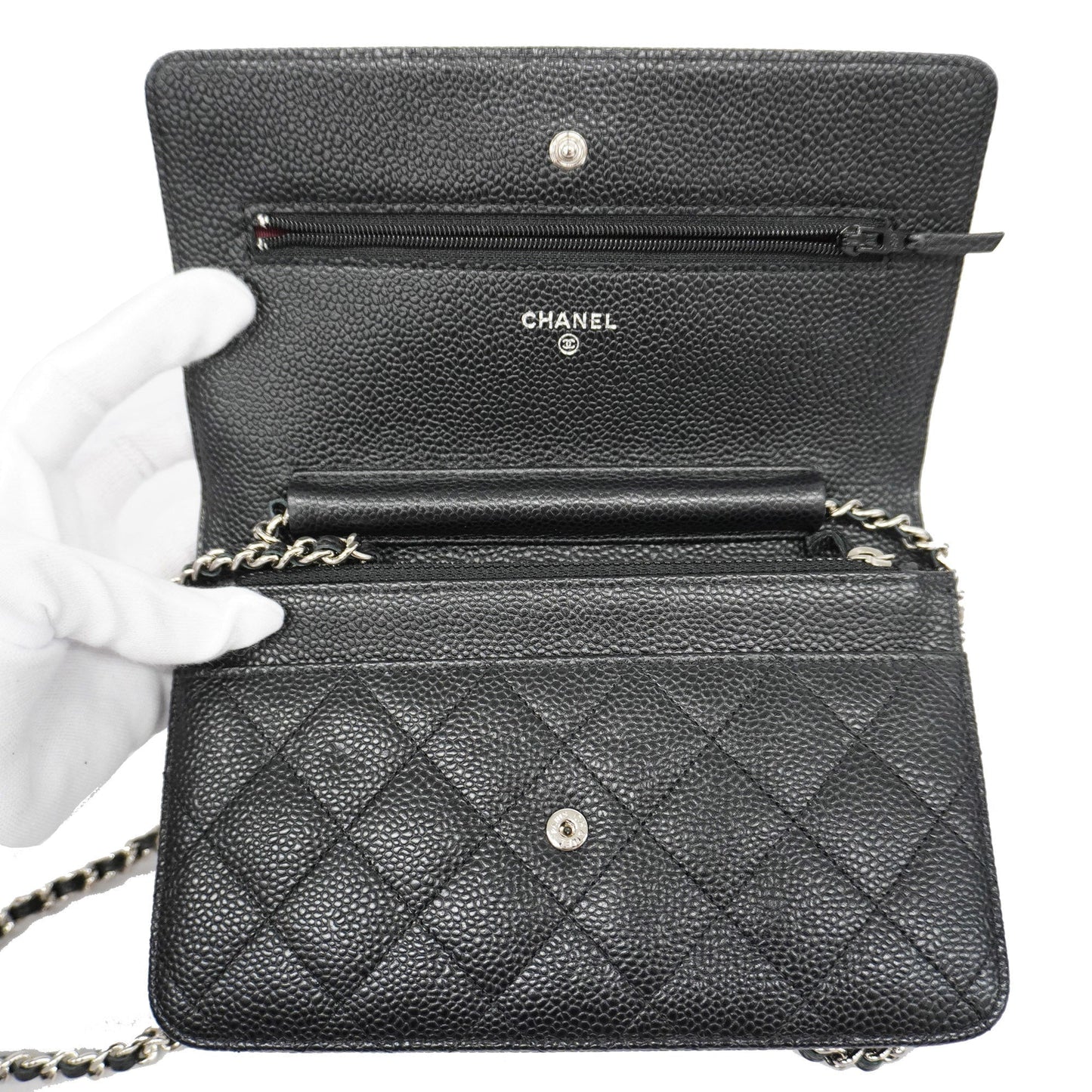 ChanelAuth Matelasse Silver Hardware Caviar Leather Chain/Shoulder Wallet Black